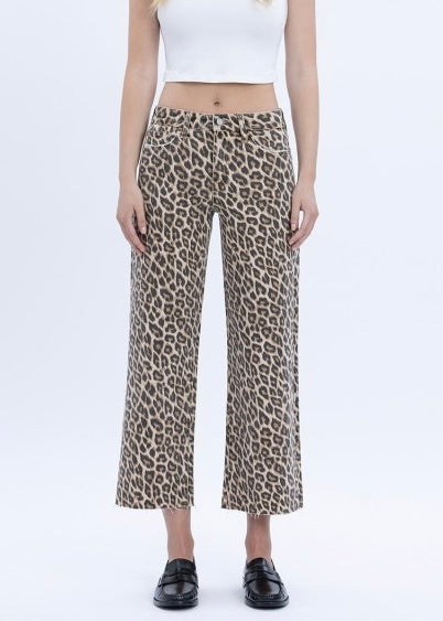 Riley Leopard Print Cropped Wide Leg Denim
