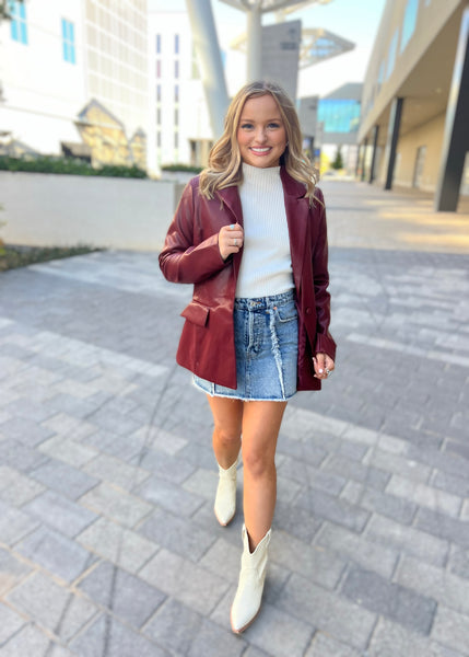 Embrace It Garnet Faux Leather Blazer