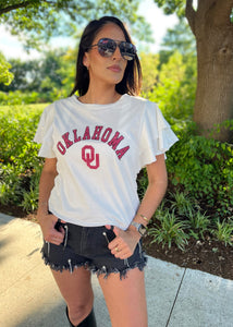 Oklahoma Sooners All In To Win Flutter Sleeve White Top