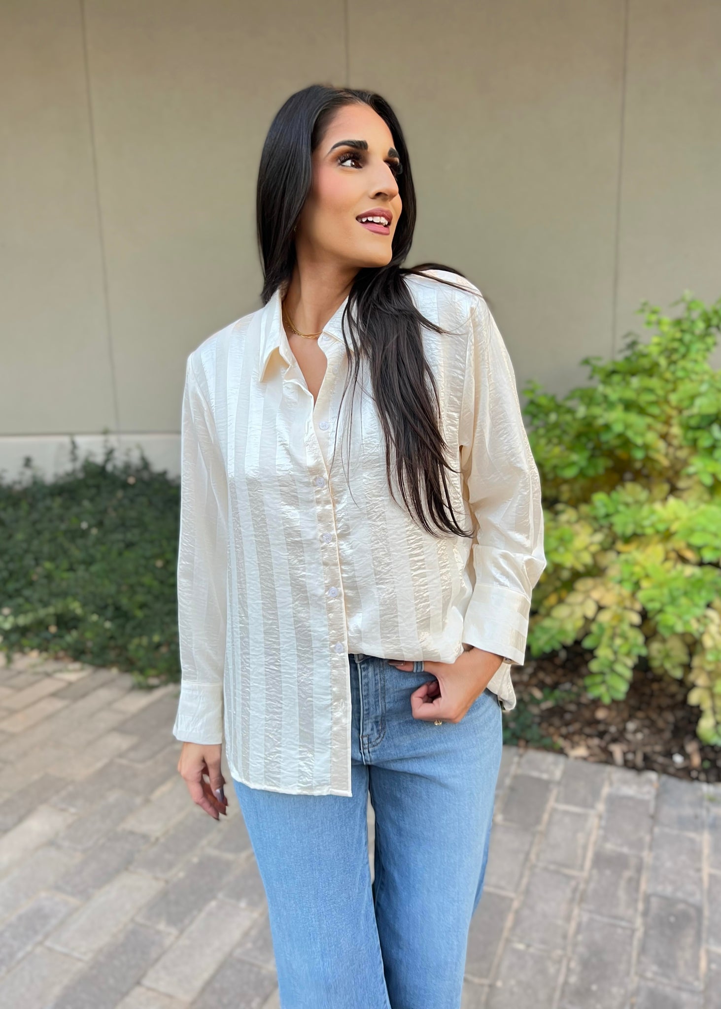 Not In The Shadows Cream Button Up Long Sleeve Top