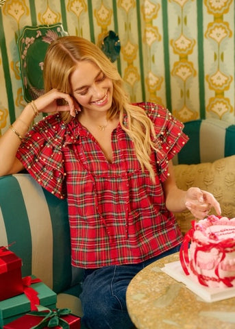 All Wrapped Up Plaid Pearl Sleeve Top