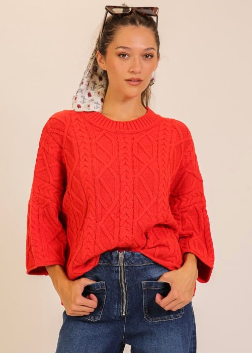 Joyful Day Red Cable Knit Sweater