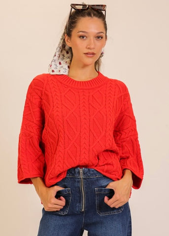 Joyful Day Red Cable Knit Sweater