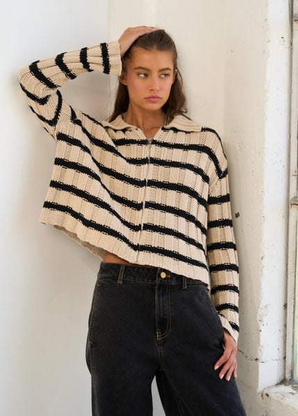 Unwind Taupe/Black Stripe Zip Up Sweater