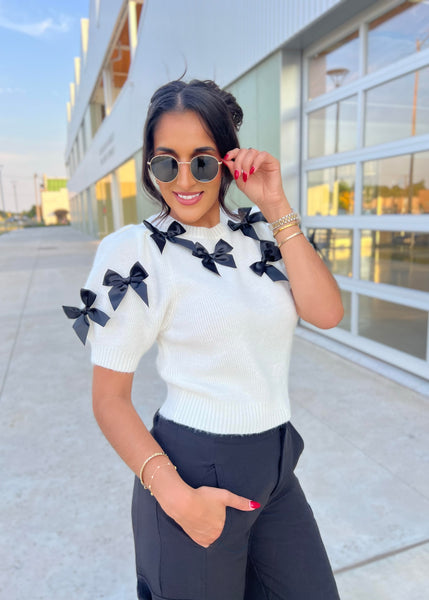 Always Wishing White Sweater Top W/Black Bows