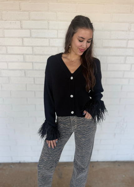 All Be Done Black Button Up Feather Sweater