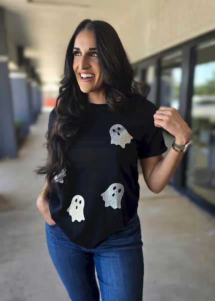Glitter Ghost Halloween Black Graphic Shirt