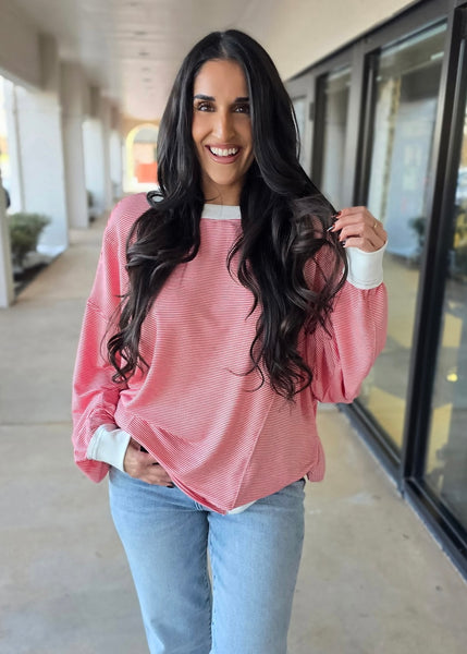 Just Wait For It Red & White Striped Knit Sweatshirt Top