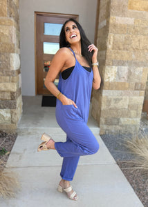 Subtle Stride Blue Spaghetti Strap Pocketed Jumpsuit