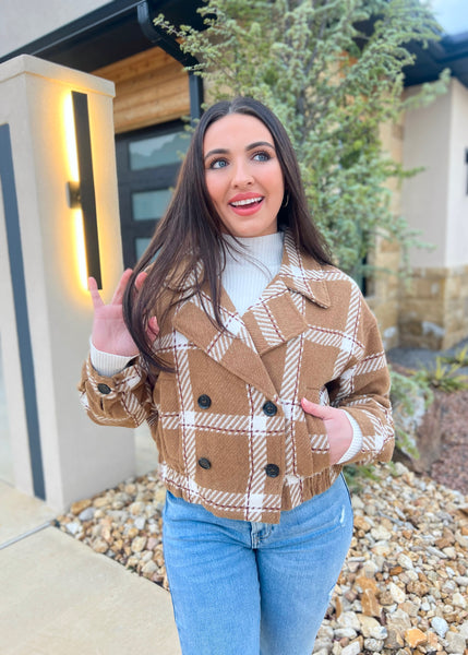 Wait For Me Taupe Plaid Double Breasted Jacket