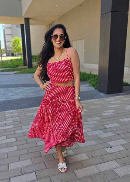 Rendezvous Red & White Polka 2 Pc Top & Midi Skirt Set