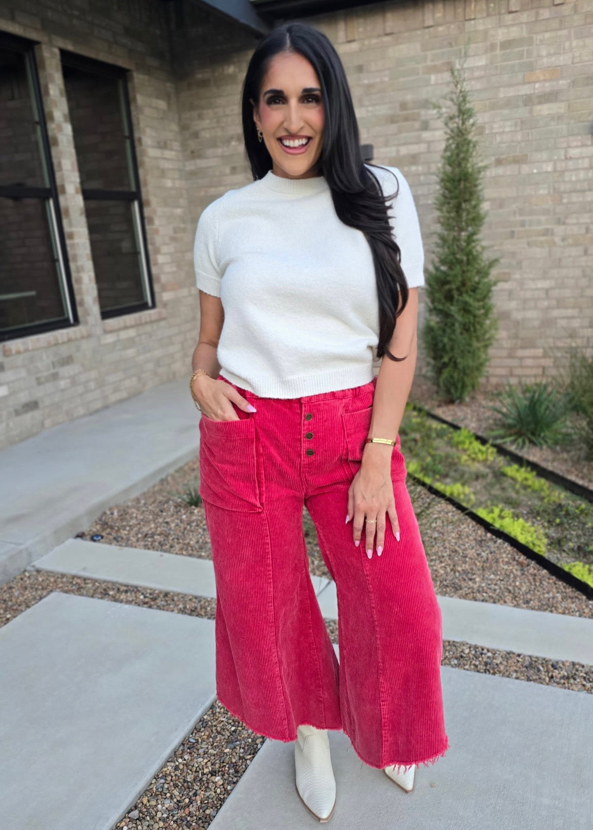 Seasonal Red Corduroy Fray Hem Pants