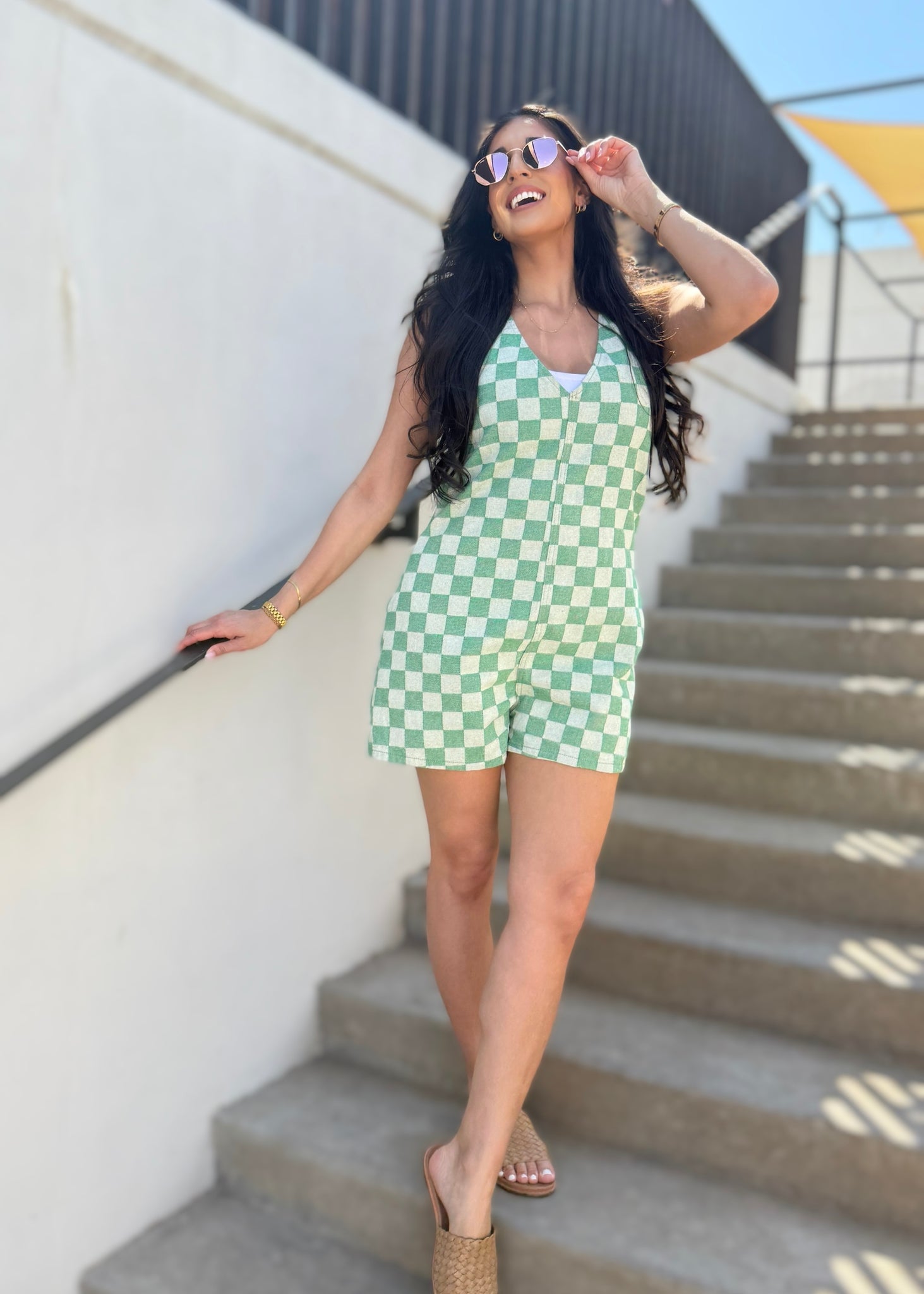 Playtime Fun Green Checkered Denim Romper