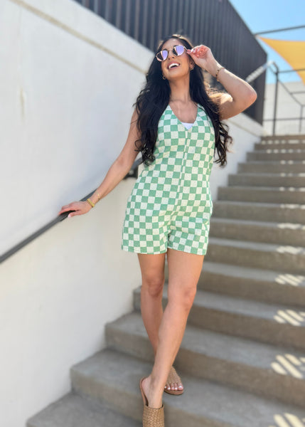 Playtime Fun Green Checkered Denim Romper