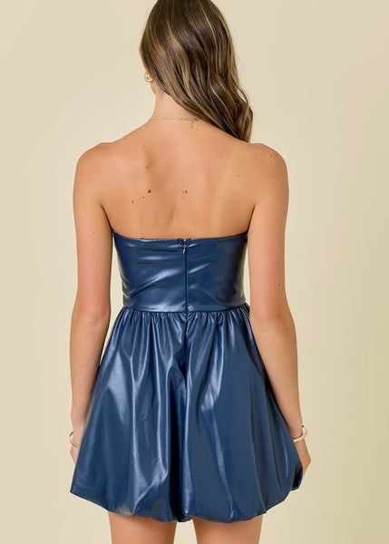 Navy Faux Leather Strapless Dress