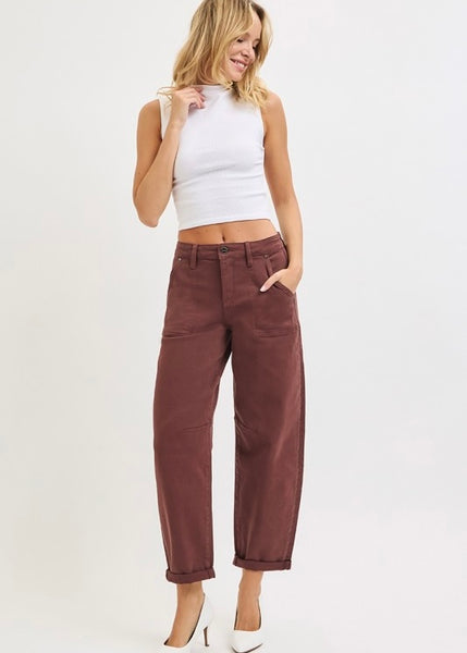 Adeline High Rise Brown Ankle Cuffed Barrel Pants