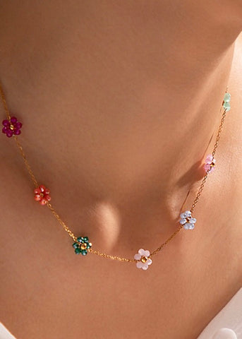 Multi Colored Beaded Flower Necklace