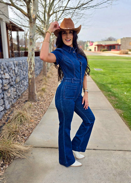 So Daring Dark Wash Denim Jumpsuit