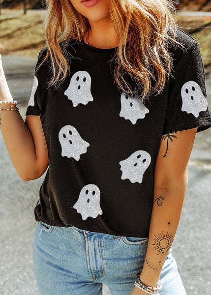 Glitter Ghost Halloween Black Graphic Shirt