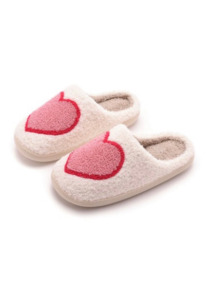 Big Heart Fuzzy Slippers - White/Pink