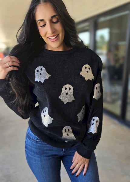 Hey Boo Halloween Ghost Corded Black Sweatshirt