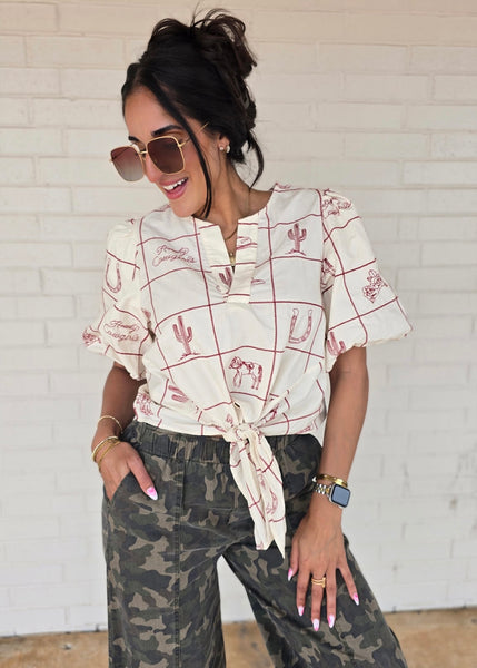 Western Love Embroidered Tie Top