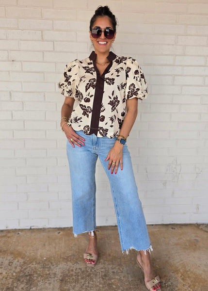 Thinkin About You Brown Floral V Neck Top