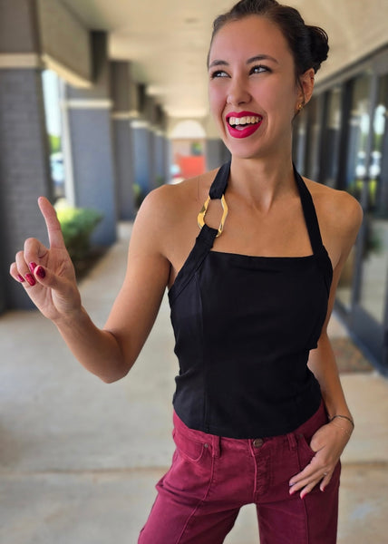 To Be Happy Black Halter Top With Gold Accent
