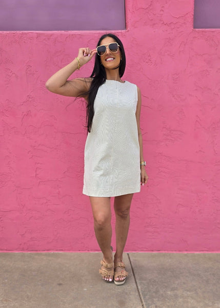 Girl Time Cream Pin Striped Denim Mini Dress