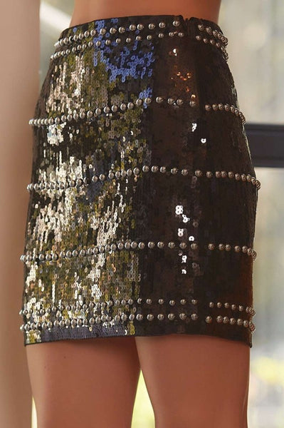 Show Stopper Black Sequin Studded Mini Skirt