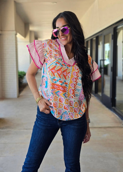Preppy Charm Pink Boho Floral Top