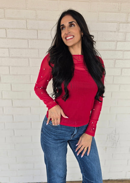 Center Of Attention Mesh Pearl Top - Red
