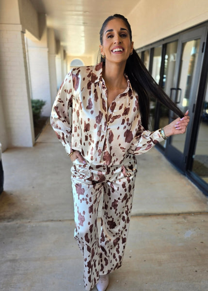 Cow Print Button Up Satin Blouse