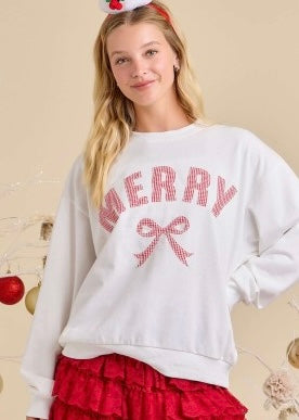 "Merry" Bow White Patched Sweatshirt