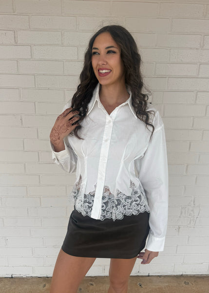 Get It Done White Lace Trim Button Up Top
