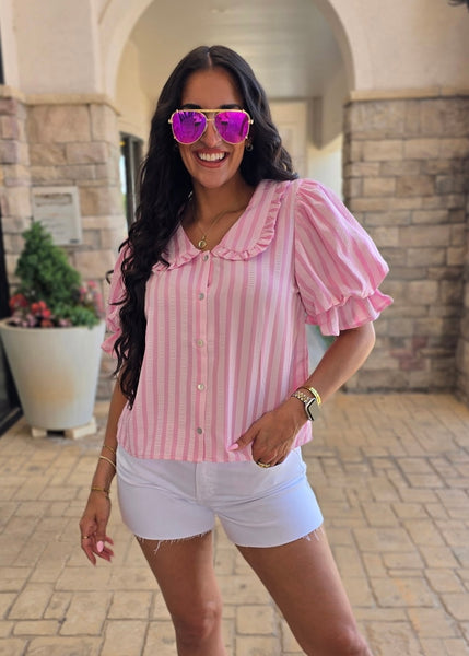 Going Out Pink Striped Puff Sleeve Top
