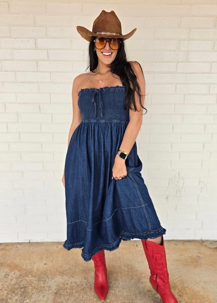 Love Language Denim Strapless Midi Dress