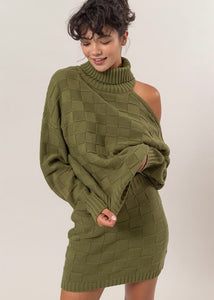 Better With You Checkered Open Shoulder Olive Sweater 2 Pc Skirt Set