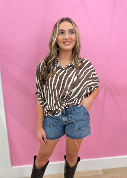 Walk This Way Oversized Animal Print Button Down Top