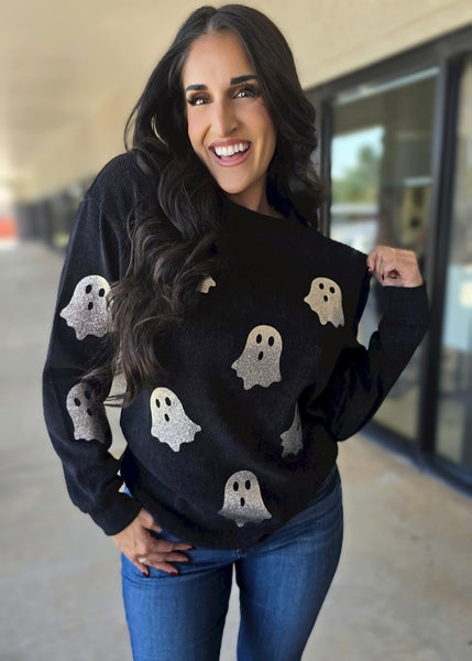 Hey Boo Halloween Ghost Corded Black Sweatshirt