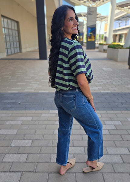 Walk This Way Navy/Olive Cropped Bubble Tee