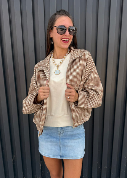 Checked In Long Sleeve Camel Checked Bomber Jacket