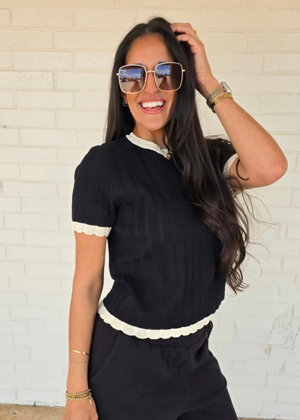 Planning Ahead Black/Cream Ribbed Knit Top