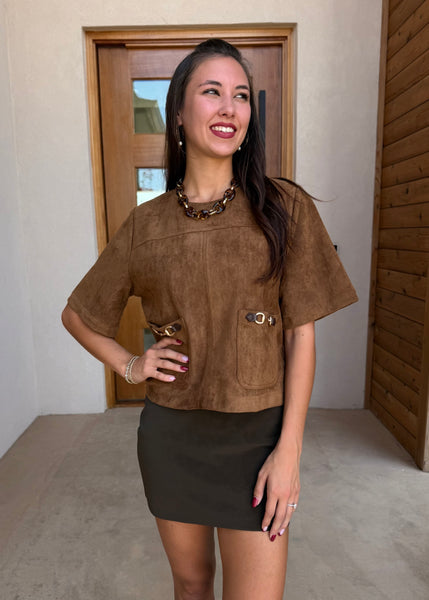 Beautiful Things Brown Suede Short Sleeve Top