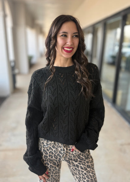 Glory Days Black Cable Knit Cropped Sweater