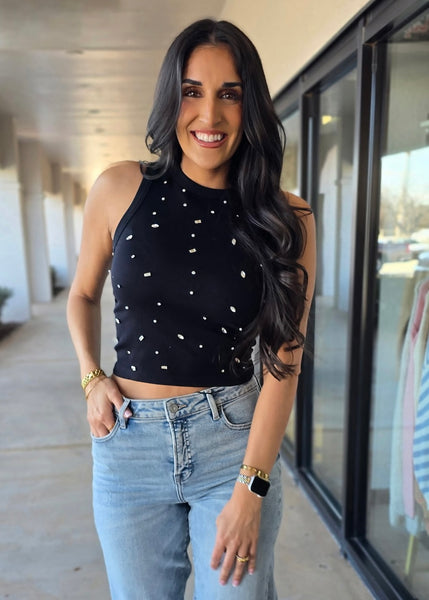A Little Extra Jeweled Black Tank Top - M/L