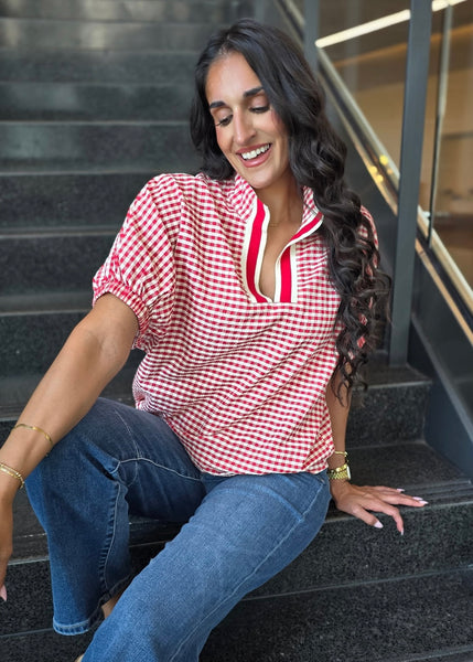 It's A Gem Red Plaid Short Sleeve Blouse