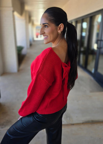Holiday Party Red Back Bow Sweater