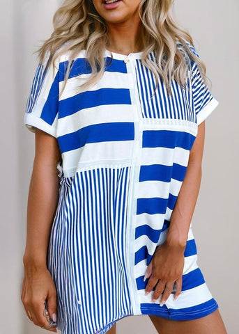 Outside Patio Date Blue Striped Mini T-Shirt Dress