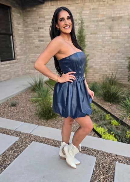 Navy Faux Leather Strapless Dress